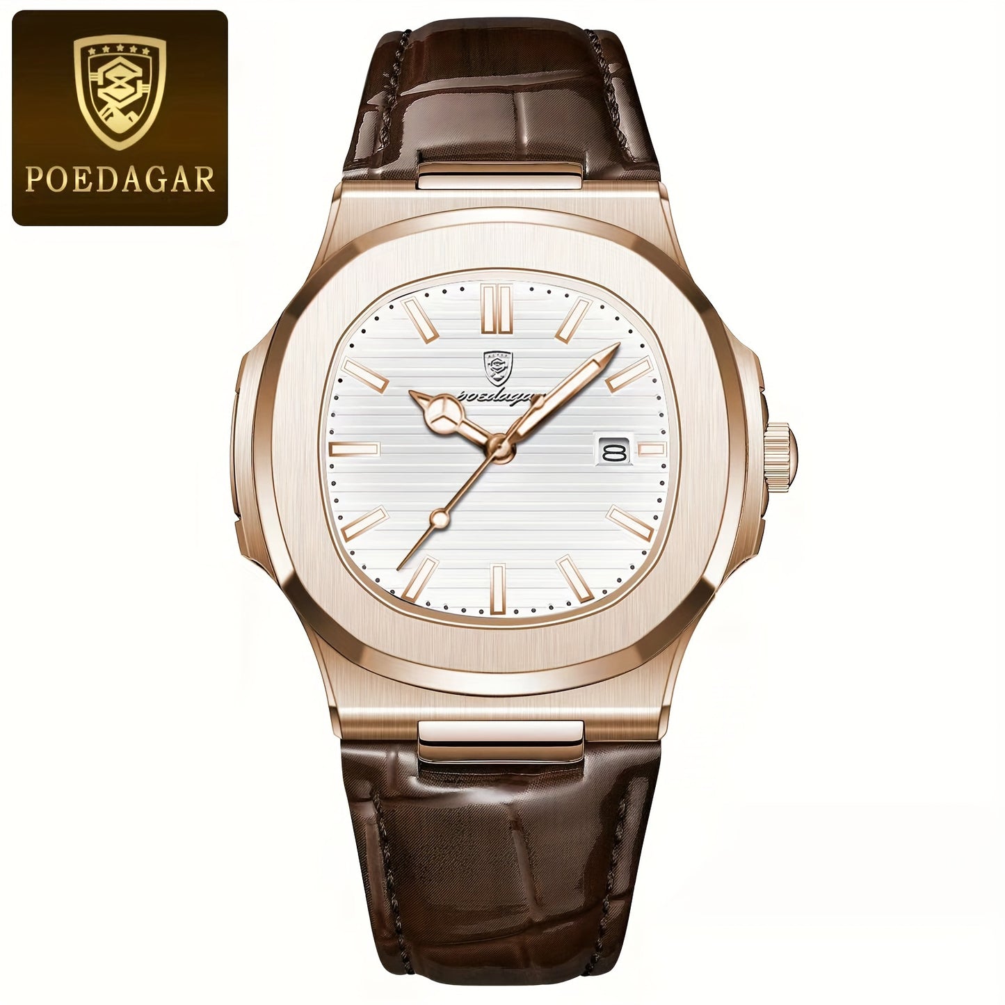 POEDAGAR Men's Fashion Watch with Night Glow Calendar, High Quality Leather, and Quartz Movement