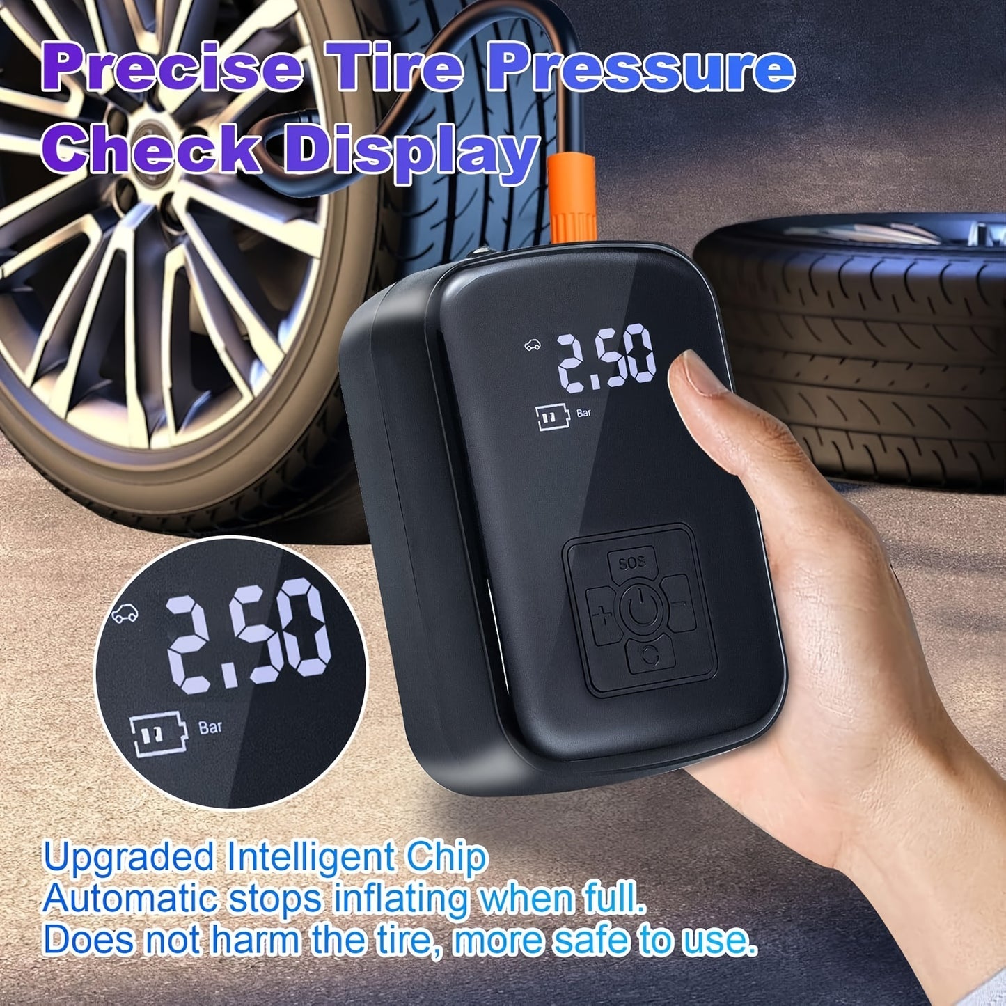 Portable air compressor pump with digital display, LED light, USB charging, rechargeable lithium battery. Suitable for tire inflation for car, bike, motorcycle, and ball. Features