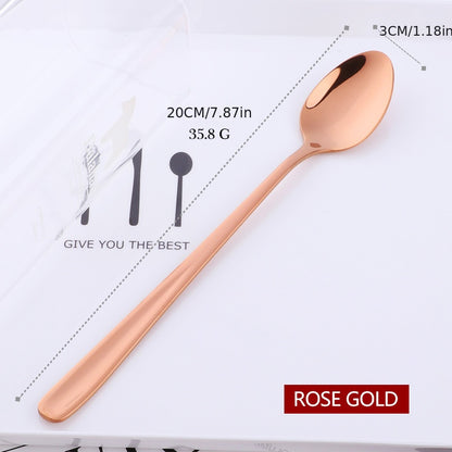 Long handle rainbow ice spoon made of 18/10 stainless steel for mixing and stirring beverages, ice cream, or desserts. Mirror polished.