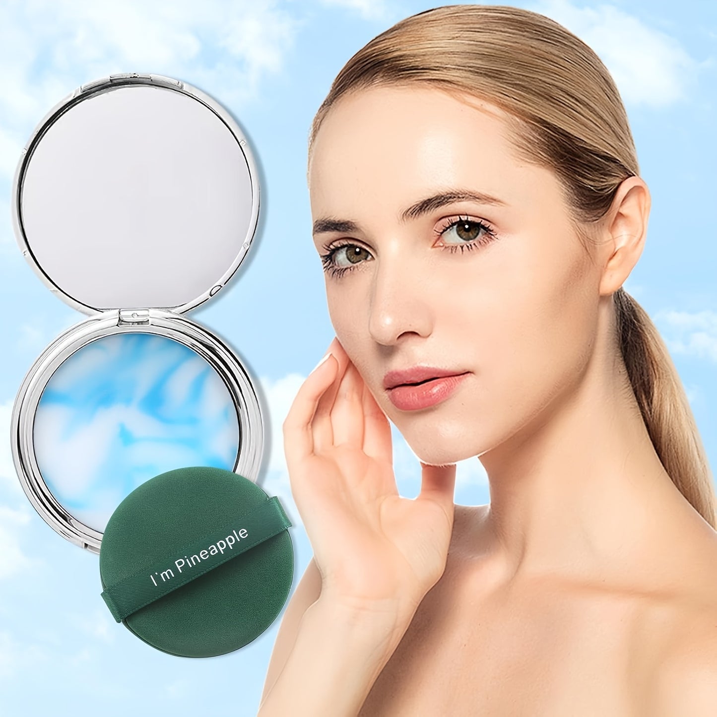 Blue Sky & Clouds Oil Control Compact Powder with Matte Soft Jelly Texture - Long-lasting tightening face powder with mini puff for flawless lightweight makeup. Waterproof, oil-free