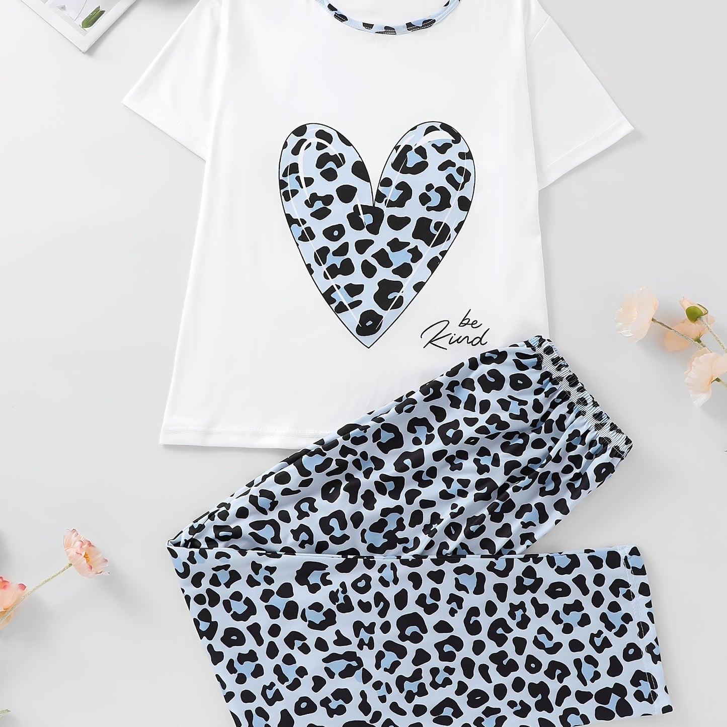 Valentine's Day Leopard Heart Print Pajama Set for Women, Short Sleeve Top & Elastic Pants