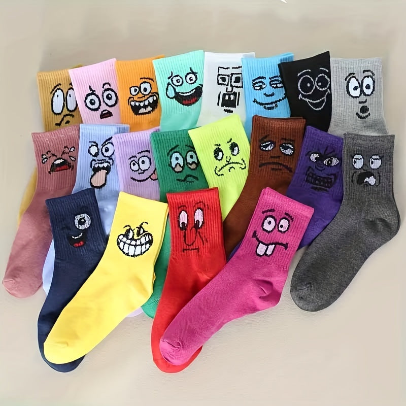 10 pairs of colorful mid-tube socks with cute cartoon expressions, perfect for women's hosiery.