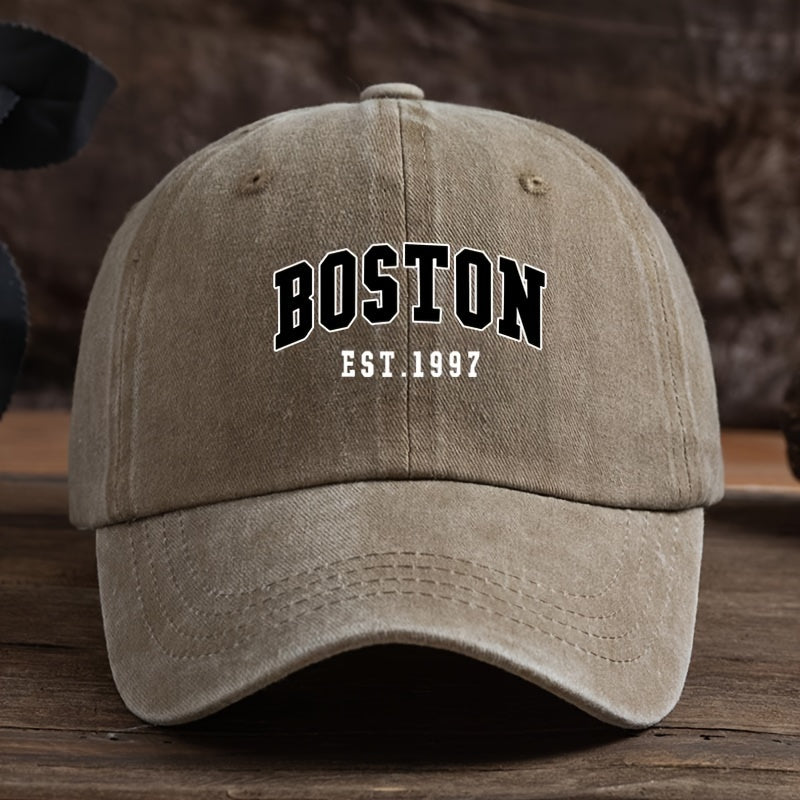 Boston Est. 1997 Unisex Fashion Baseball Cap with Adjustable Curved Brim made of Woven Textile Material, Easy Care, machine washable/dry clean.