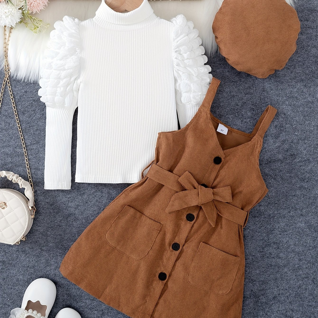 Stylish 4-piece girls' outfit set for fall/winter: turtleneck, jacket, suspender dress, and belt.