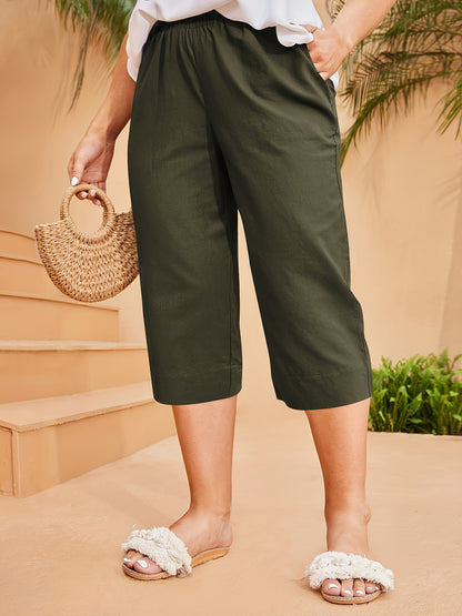 Women's Spring/Summer Wide Leg Pants with Elastic Waist, Double Insert Pockets, Breathable Linen-Feel Fabric, Solid Color, 100% Polyester, 175g/m² - Casual Woven Trousers