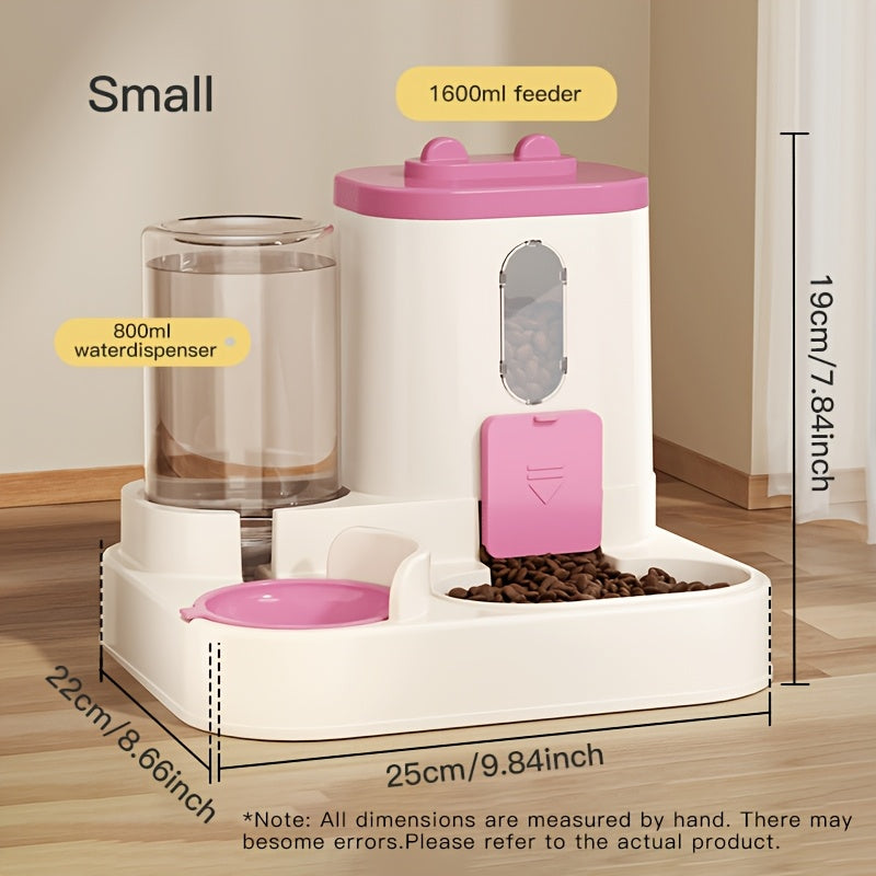 Dual bowl ergonomic cat feeder and water dispenser set made of plastic for cats, featuring automatic food and water feeding for neck-friendly use.