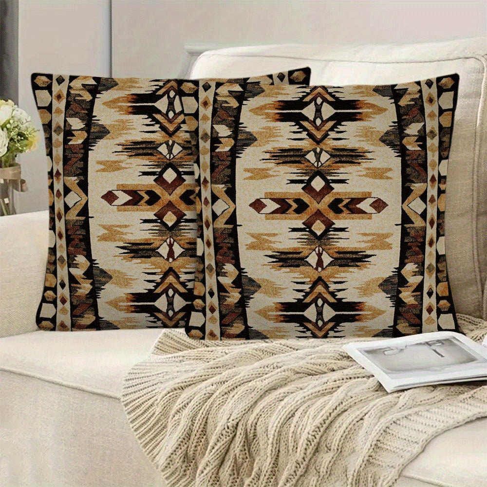 Set of 2 Stylish Native American-Inspired Antique Flannel Pillow Covers, 45.72x45.72 cm, Cozy Short Plush Cushion Cases with Zipper Closure, Easy to Clean in Washing Machine, Versatile All-Season Decorative Pillowcases for Couch, Bed, Car - Perfect for