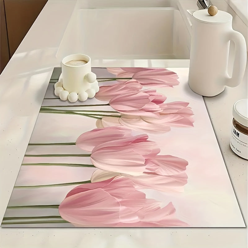 1 piece of Floral Printed Dish Drying Pad, Absorbent Mat for Countertops, Drain Pad for Washstand, Soft Mat for Faucets, Cup Mat for Washstand, Kitchen and Bathroom Accessories.