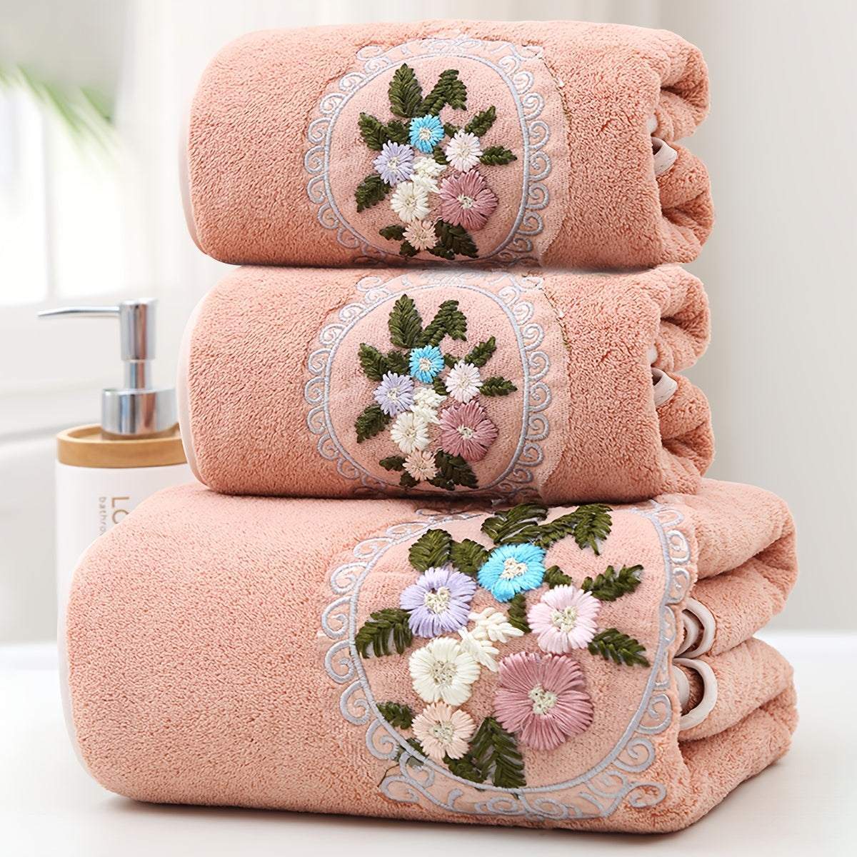 WF gauze flower 2 cents + 1 bath / 3pcs set Coral velvet embroidery towels (2 35*75cm, 1 70*140cm) soft, absorbent, quick-drying bathroom essentials for children and adults, skin-friendly