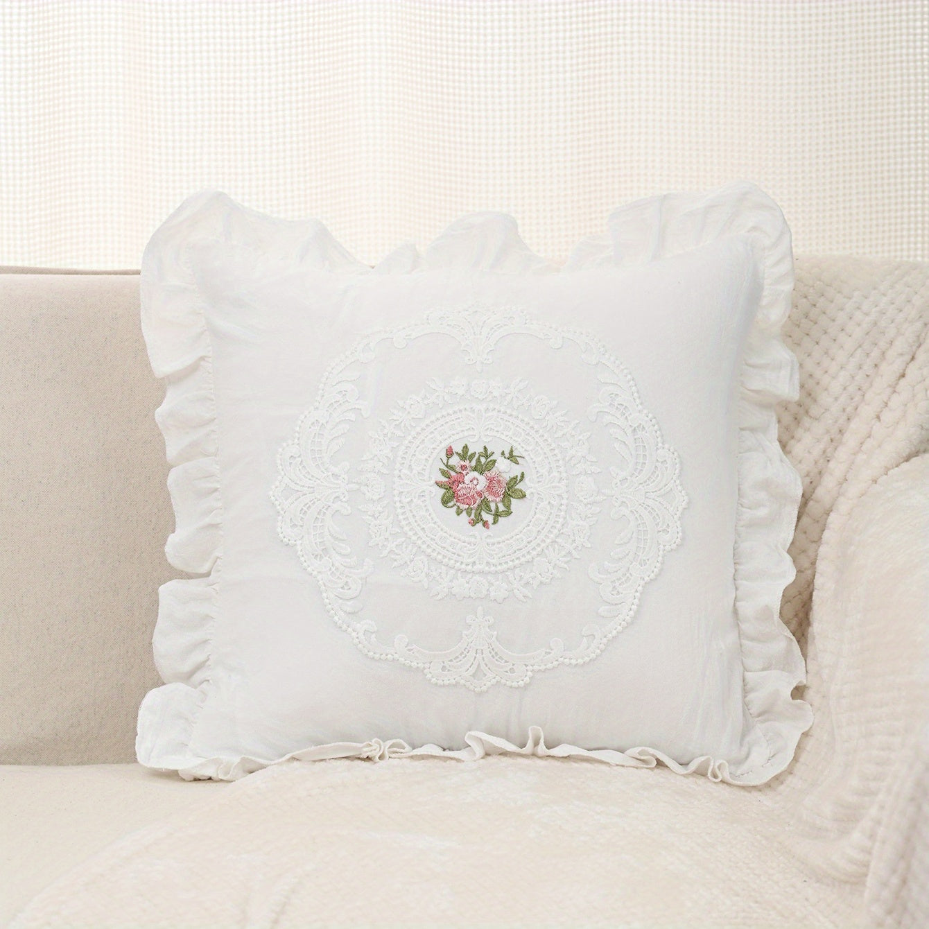 Rustic embroidery pillow case with French ruffle, for living room or bedroom decor. No pillow insert, available in 18"x18" or 12"x20" sizes.