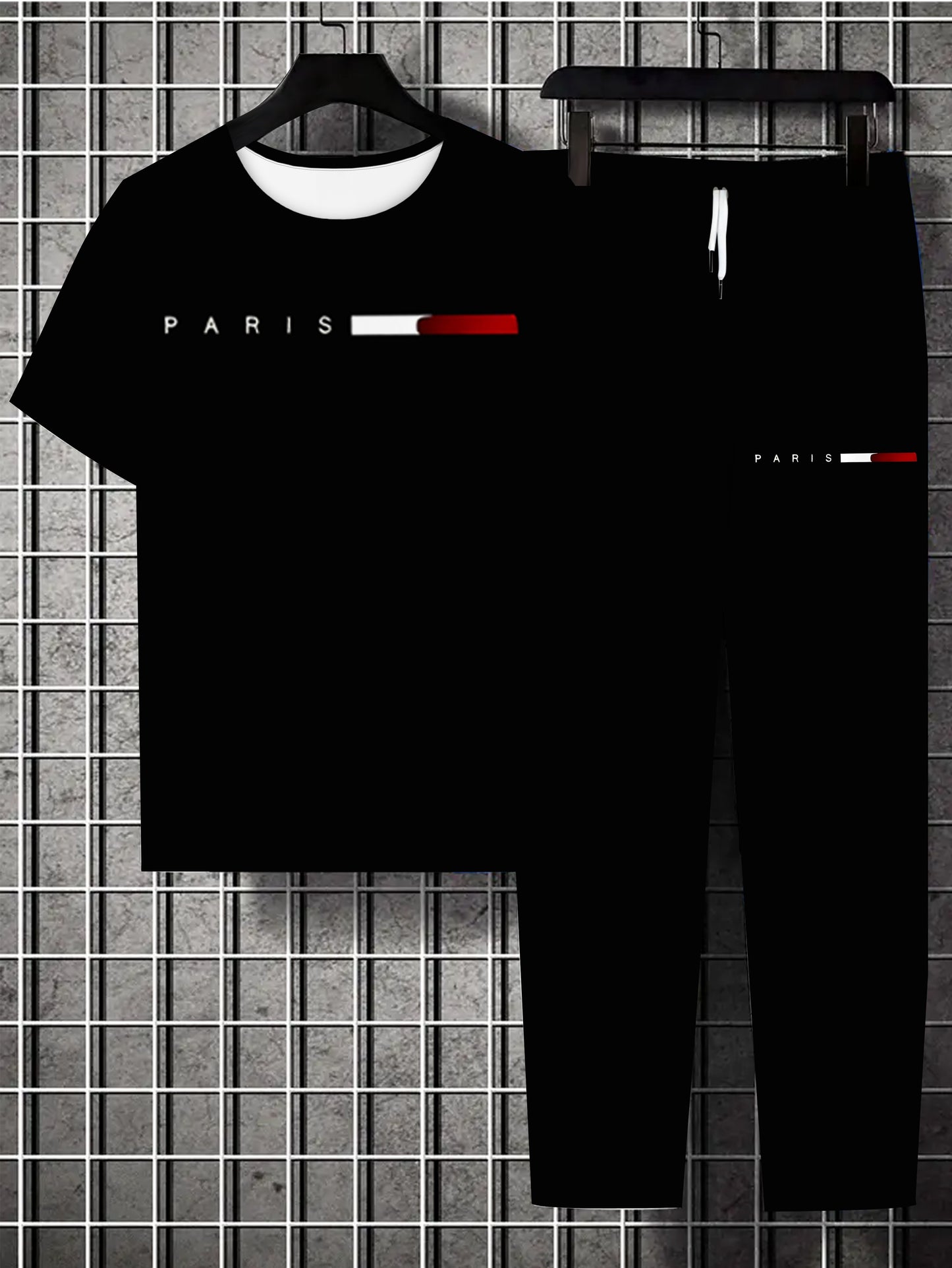 Plus size men's athletic set includes Paris graphic tee and joggers, casual, machine washable.