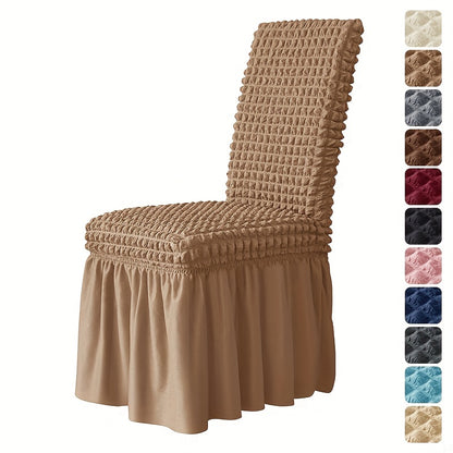 1 Seersucker dining chair slipcover with skirt, non-slip design. Protects furniture in various settings.