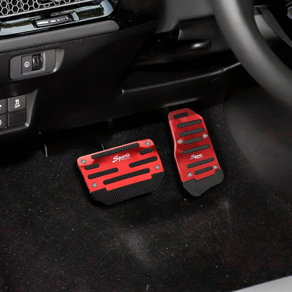 Car pedal pad set includes 2 pieces for automatic transmission with non-slip alloy covers for brake, gas, and clutch pedals. Great for cars, SUVs, and ATVs.