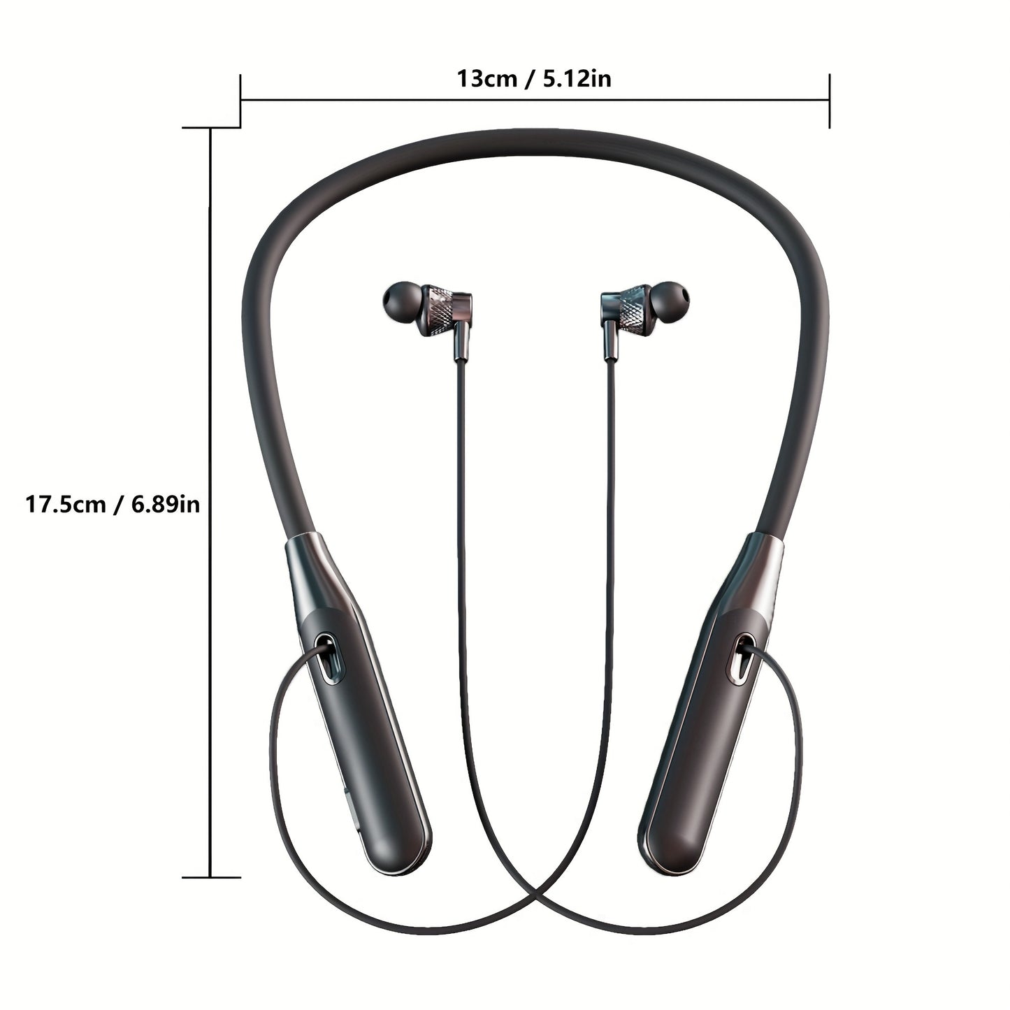 Sleek black wireless neck headphones for running with tangle-free cable, Type-C charging, 12-hour battery life, and adjustable neckband.