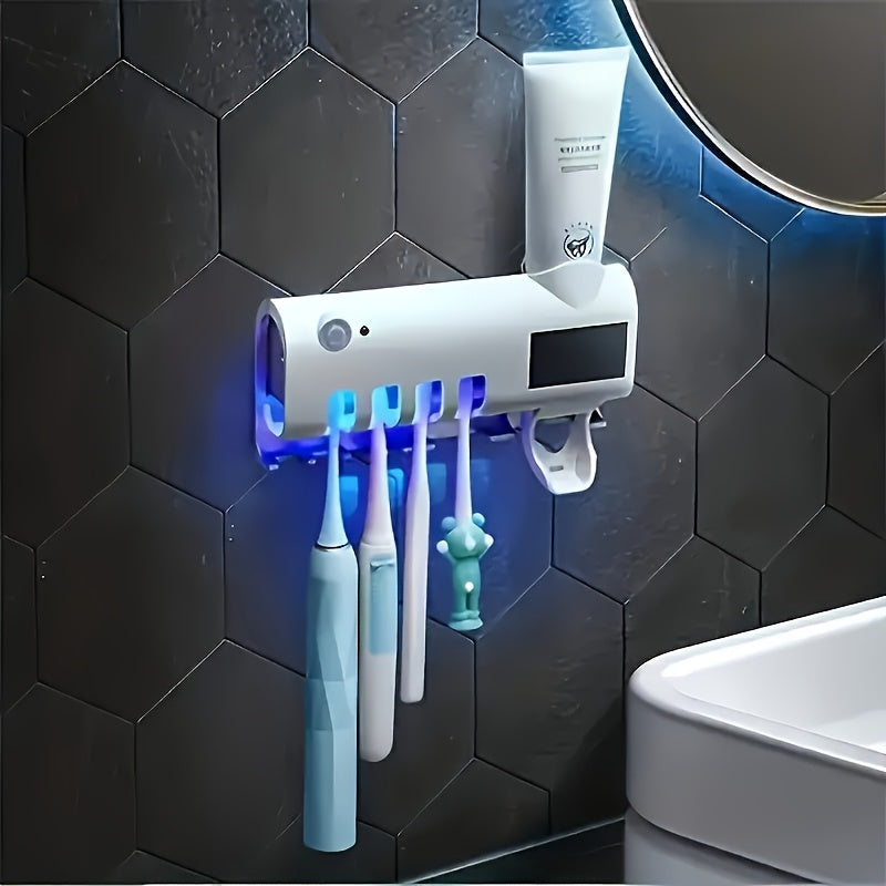 UV Sterilizing Toothbrush Holder with Toothpaste Dispenser, Wall-Mounted, Intelligent Disinfection, Bathroom Accessories, No-Drill Installation.