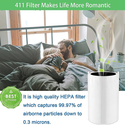 Blue Pure 411 filter replacement compatible with Blueair Blue Pure 411 air purifiers, featuring H13 true HEPA filter and activated carbon for maximum purification.