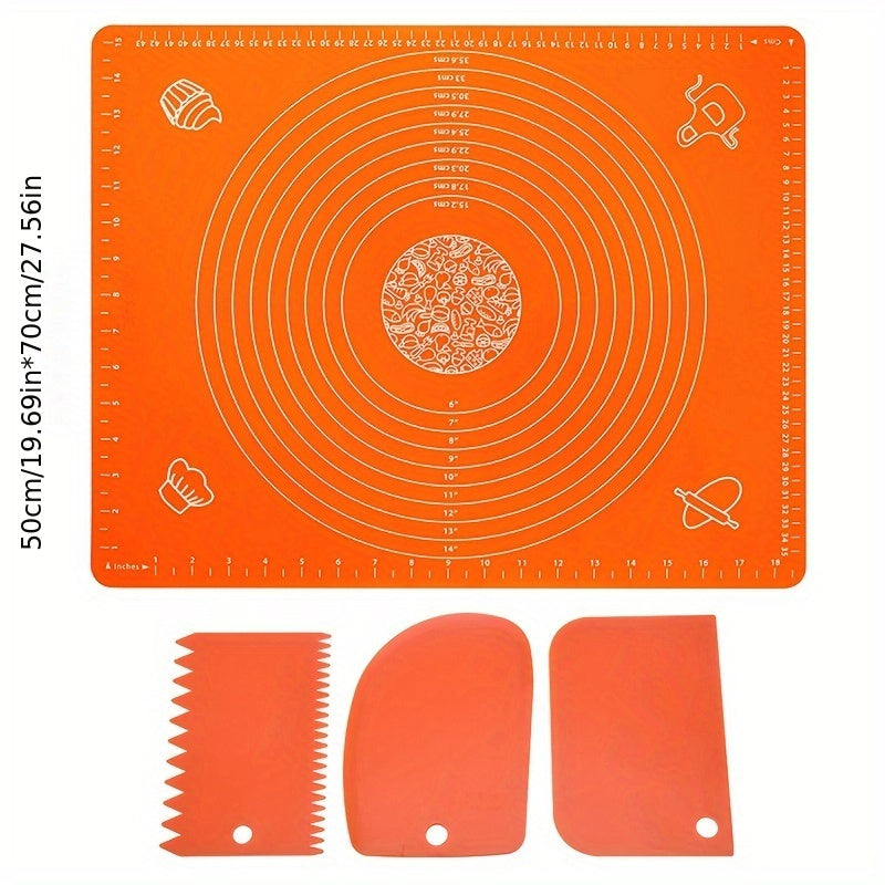 Silicone Pastry Mat Set: Includes one non-stick baking mat, counter mat, and pastry board for rolling dough. Perfect for bread, candy, and cookie making. Comes with free scrapers. Ideal baking tools and kitchen gadgets.