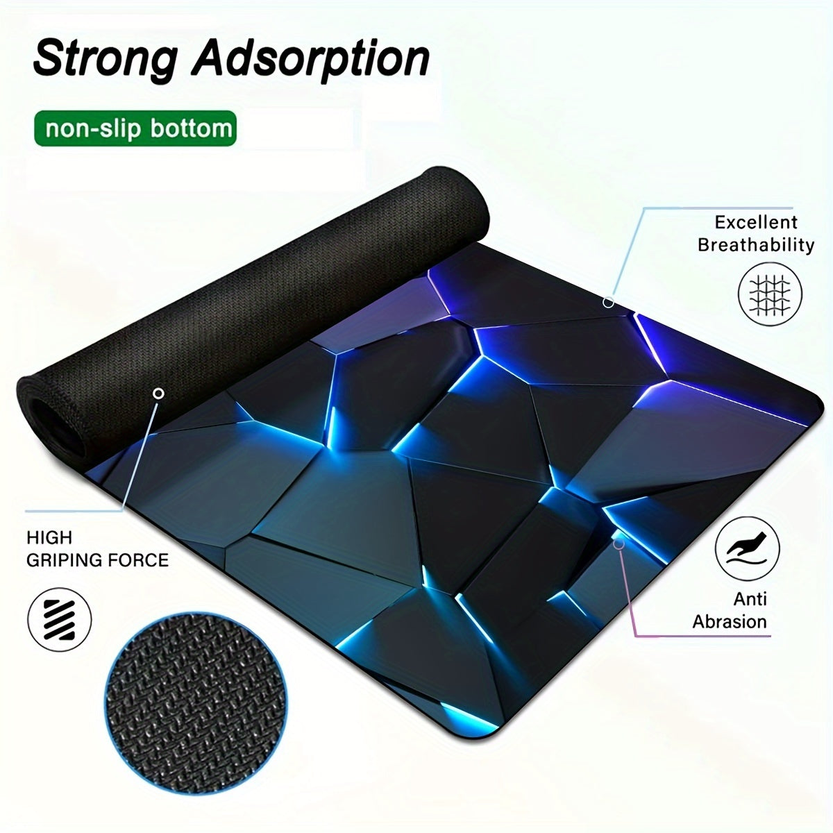 Stylish geometric gaming mouse pad with durable, waterproof, non-slip design. Ideal for gamers, offices, and study. Made of polyester material, no battery required.