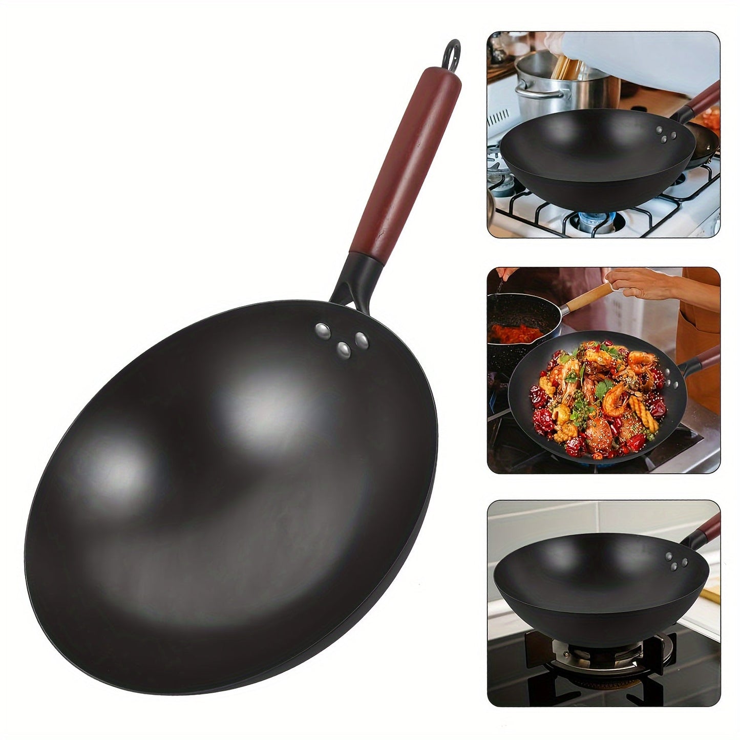 Non-Stick Iron Skillet with Rust-Resistant Round Bottom and Wooden Handle - Ideal for Home and Restaurant Use - Earless Design for Easy Handling - Made of Durable Cast Iron - Perfect for Frying