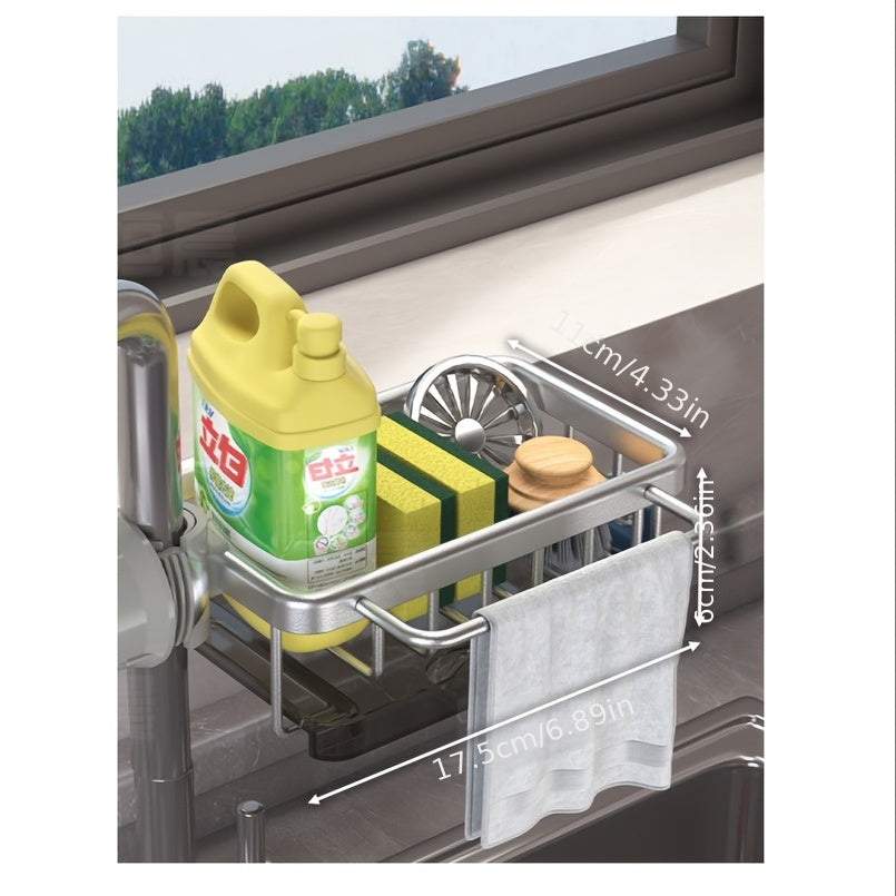 Introducing a versatile kitchen sink storage solution: a multifunctional hanging basket made of durable space aluminum. Complete with a convenient cloth holder and a draining tray, perfect for various household tasks.