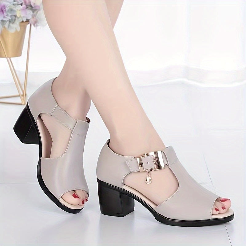 Stylish black peep-toe sandals with chunky heel, golden buckle strap, cut-out design, and high heel; perfect for casual summer outdoor wear.