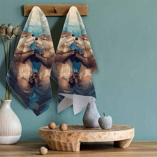 Two pieces of ultra soft kitchen towels featuring a charming otter love watercolor design. These towels are highly absorbent, machine washable, and ideal for holiday decor. Each towel measures 40.64 x 60.96 cm.