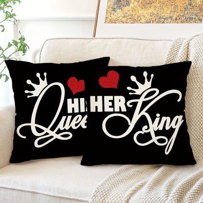 Set of 2 Lover's Throw Pillow Covers with Hearts and Crowns, Valentine's Day and Anniversary Gifts, Home Decor for Couch, Sofa, Living Room, Bedroom, 44.96*44.96cm each, Pillow Inserts not included