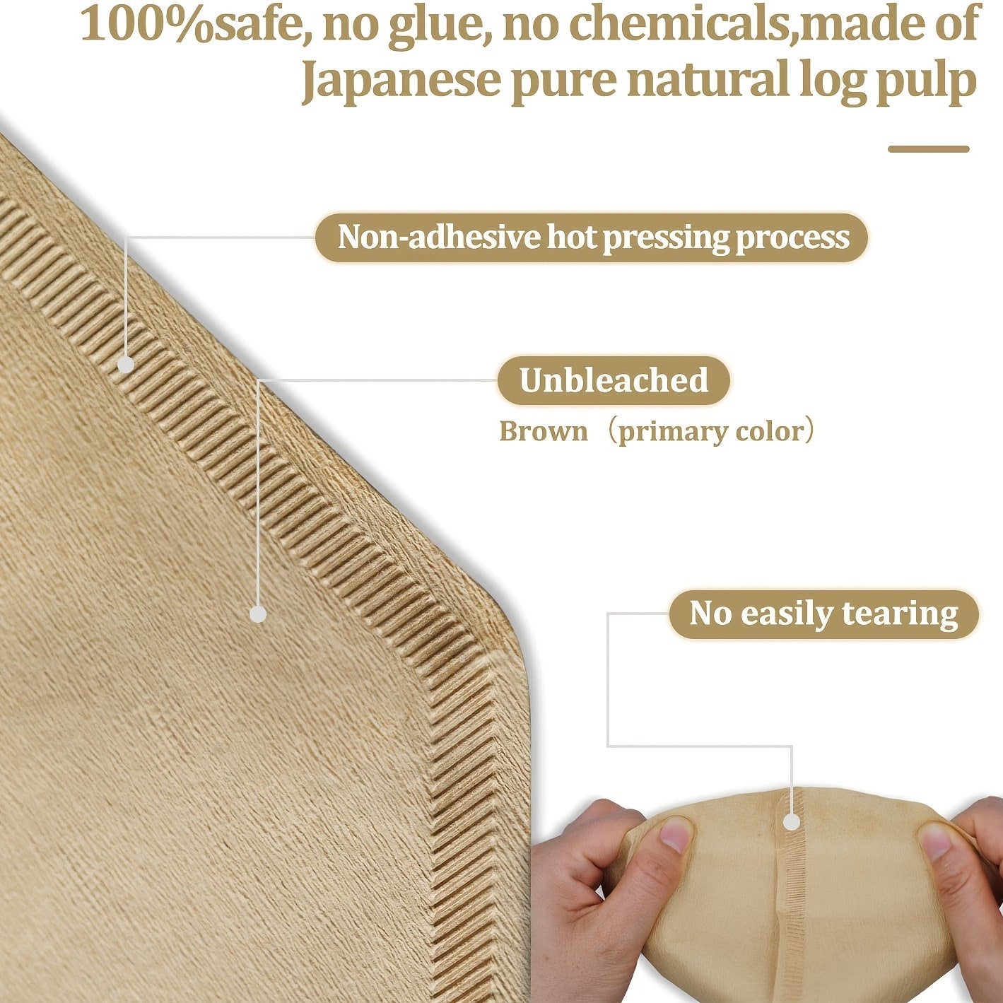 Disposable unbleached natural paper coffee filters for 8-12 cup coffee makers, designed for pour over and drip brewing methods with no blow outs, comes in a pack of 100.