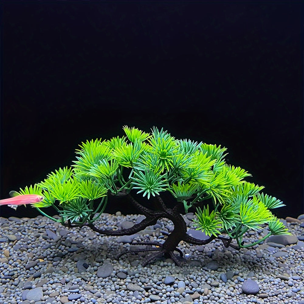 Lifelike artificial banyan tree aquarium decoration with realistic green leaves, 12.7cm tall. Made of durable PVC plastic. Enhances fish tank ambiance.