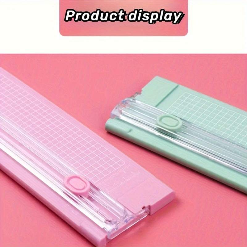 Compact sliding paper cutter for A4 paper, photos, copy paper, and stationery. Dual-direction design with measuring ruler. Available in bright pink, purple, green, blue, and black. Compact