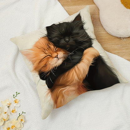 Adorable cat hug linen pillowcase, measuring 44.96cm x 44.96cm - perfect for cozy home decor. Features zip closure, machine washable design, and no insert included. Ideal for sofa, living room, or bedroom.