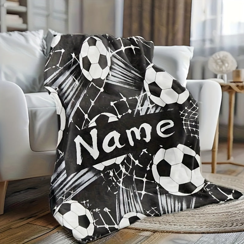 Personalized Soccer Ball Design Flannel Fleece Throw Blanket, Customizable Soft and Cozy Digital Print, Easy to Clean in Washing Machine, Modern Style, Versatile for all Seasons - Perfect for Couch, Bed, Travel, Camping, Home, or Office - 1 Piece