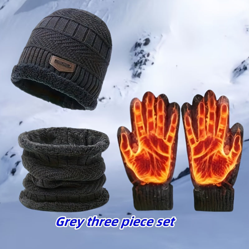 3-piece Winter Warmth Accessory Set, Includes Knit Polyester Beanie, Scarf, and Gloves in Sports Style, Made of 100% Polyester with Thermal Insulation for Cold Weather