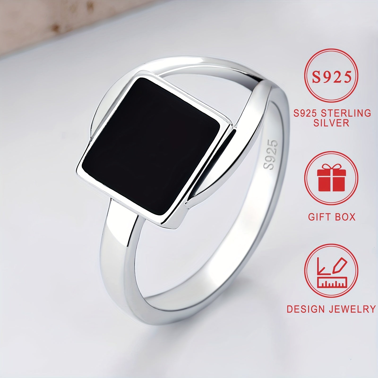 18K Gold Plated S925 Sterling Silver Ring, 2.8g, Featuring Black Square Design with Exquisite Oil Drop Craftsmanship, Comes in a High-Quality Jewelry Gift Box for Men and Women, Horse Shoe Motif, Electroplating Finish