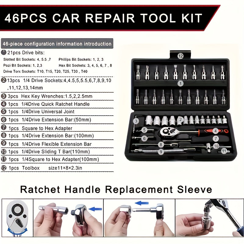 Premium automotive tool set with 3 pieces, upgrades to 46, 53, or 150 pieces. Multi-functional maintenance kit for cars, motorcycles, and industrial equipment. Home repair toolbox without