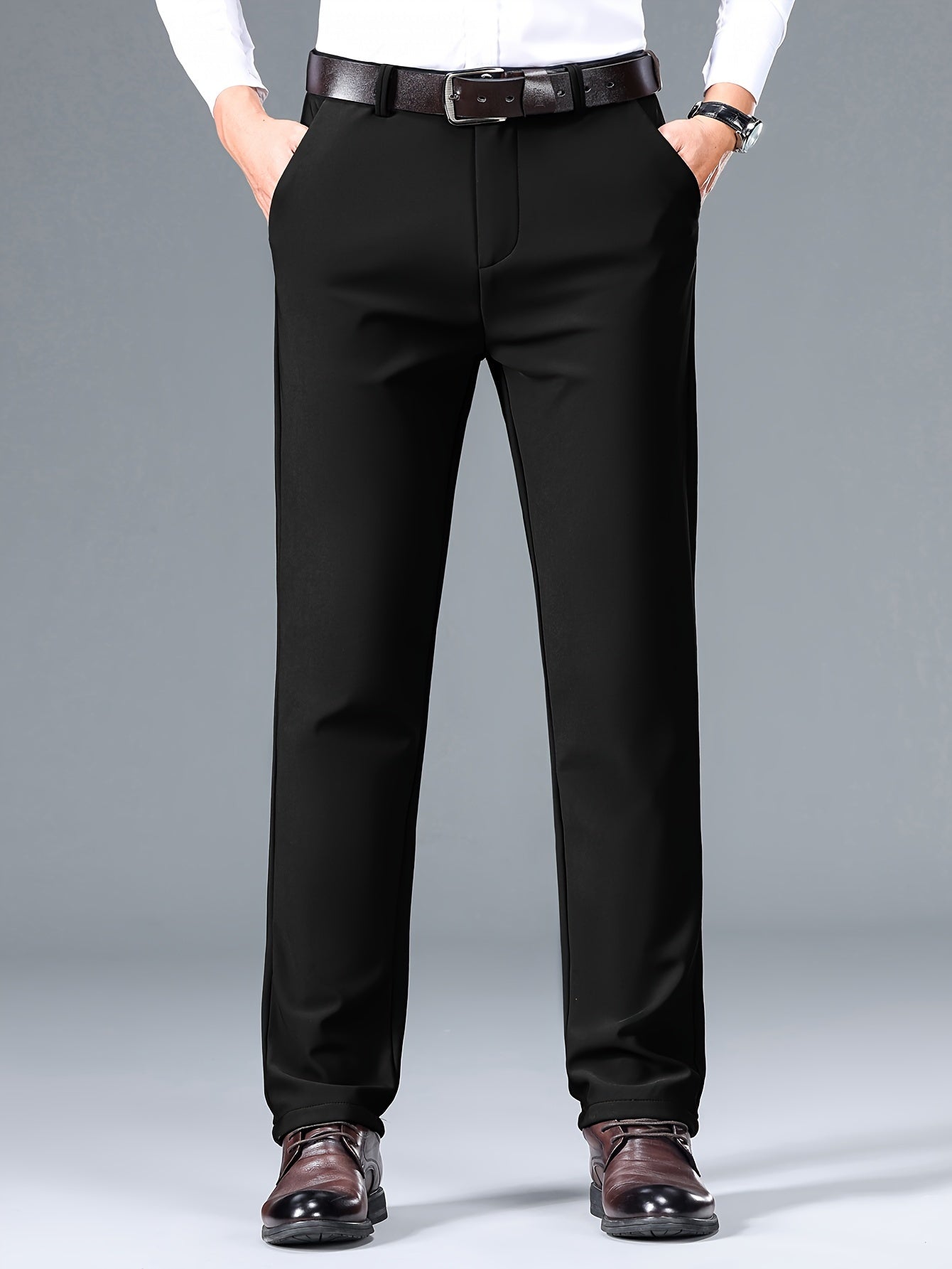 Slim fit stretchy men's pants suitable for both business and casual wear.