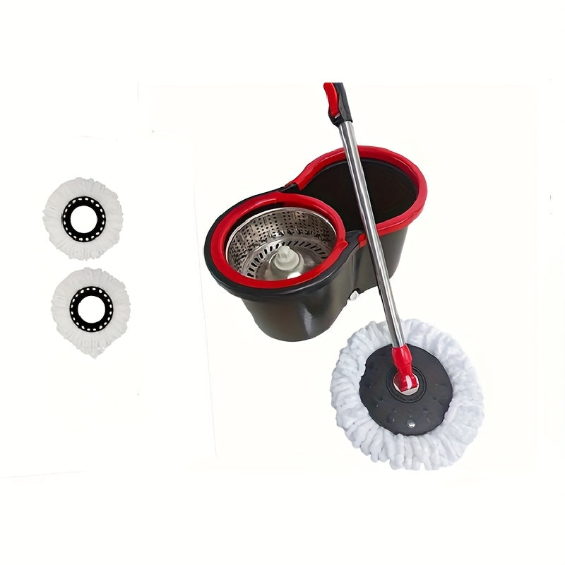 The Black Compact 360° Rotating Mop and Bucket Kit comes with Two Microfiber Mop Heads, a Adjustable Stainless Steel Handle, and a Cleaning System for Schools and Bathrooms.