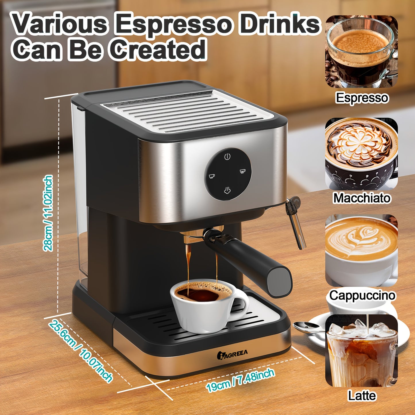 20 Bar Espresso Coffee Machine with Steam Wand, 1.5L Water Tank, Semi-Automatic for Espresso, Latte, and Cappuccino, 1050W, includes FREE Plug Adapter for Winter.