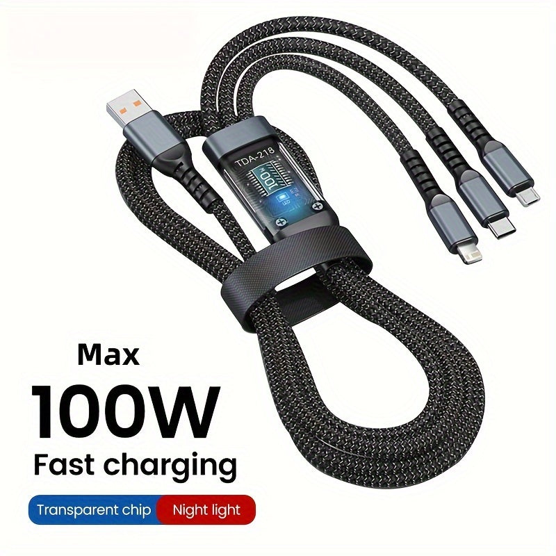 One 3-in-1 100W USB Type C fast charging cable for multiple devices.