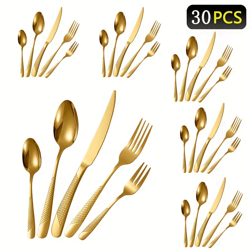 30-piece stainless steel cutlery set for restaurants and hotels, including steak knives, dinner forks, dinner spoons, and dessert spoons.