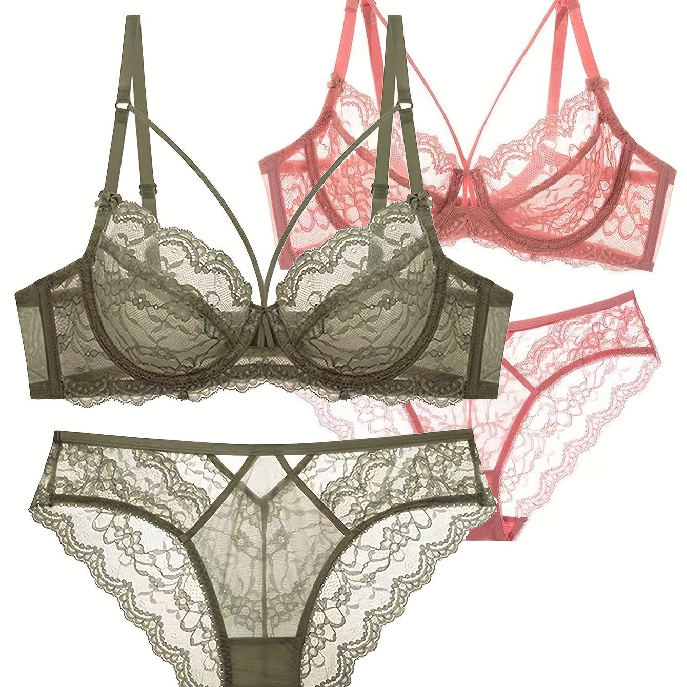 Solid floral lace lingerie set with strappy design for women.