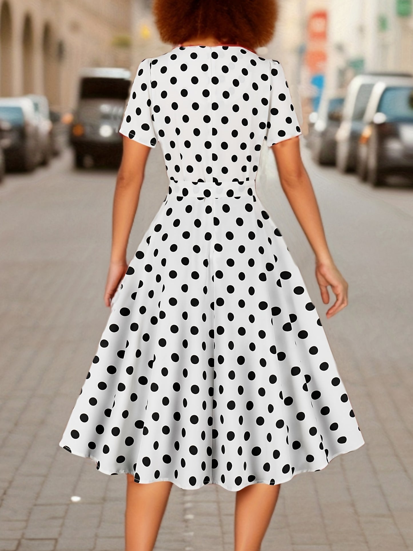 Polka dot print square neck dress with short sleeves and belt, perfect for spring and summer.