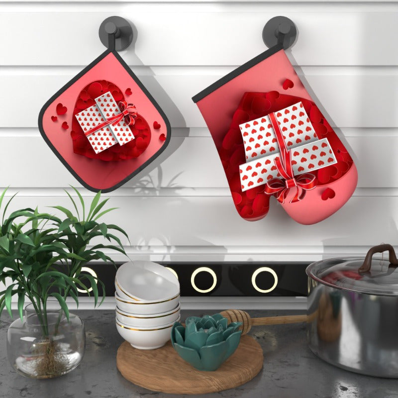 Set of 2 Valentine's Day Oven Mitts & Pot Holders - Heat-Resistant, 26.92x17.02 cm, Red & Black with Heart Designs, Great for Cooking, Baking & Kitchen Decor - Wonderful Housewarming Present