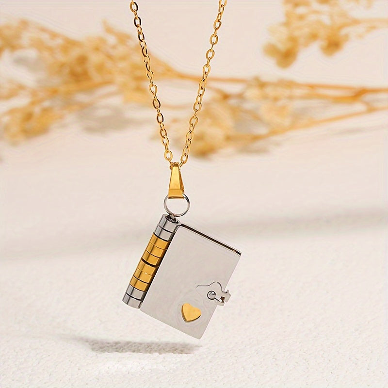 Stainless steel book pendant necklace for trendy couples.