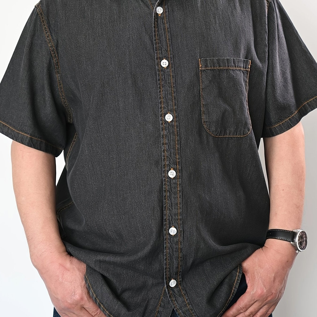 Summer-ready plus size men's denim shirt with vintage flair, V-neck, and button detail. Cotton and lyocell blend, machine washable. Plus size.