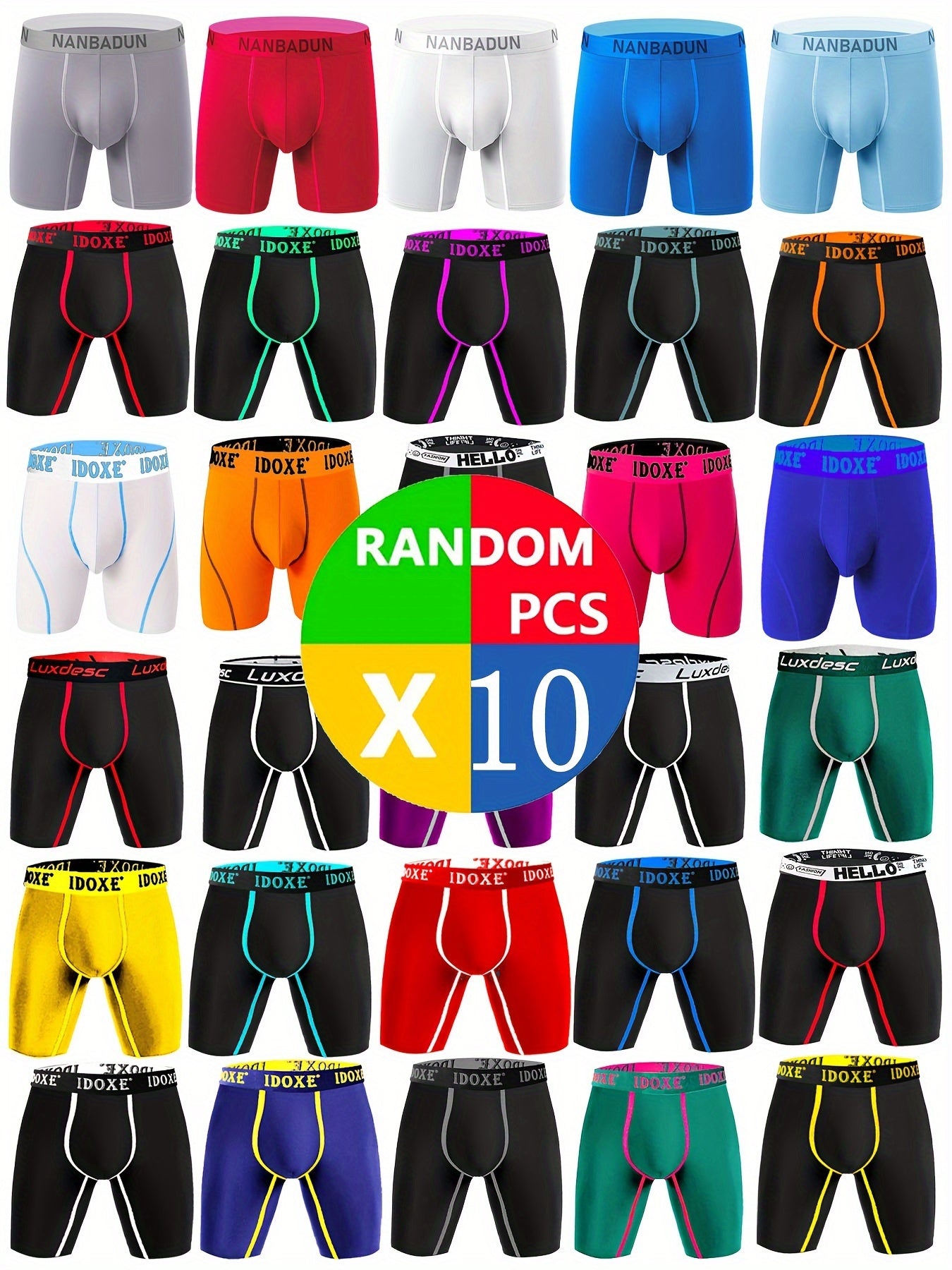 10 Pcs Men's Trendy Letter Belt & Solid Stretchy Long Boxer Briefs, Comfy & Breathable Underwear