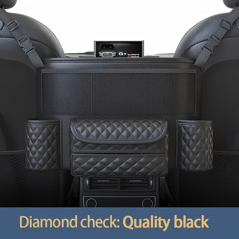 1pc PU Leather Car Seat Back Organizer with Multi-Pocket Storage, Black Quilted Design, Waterproof & Durable, Fits All Cars, SUVs, and Trucks.