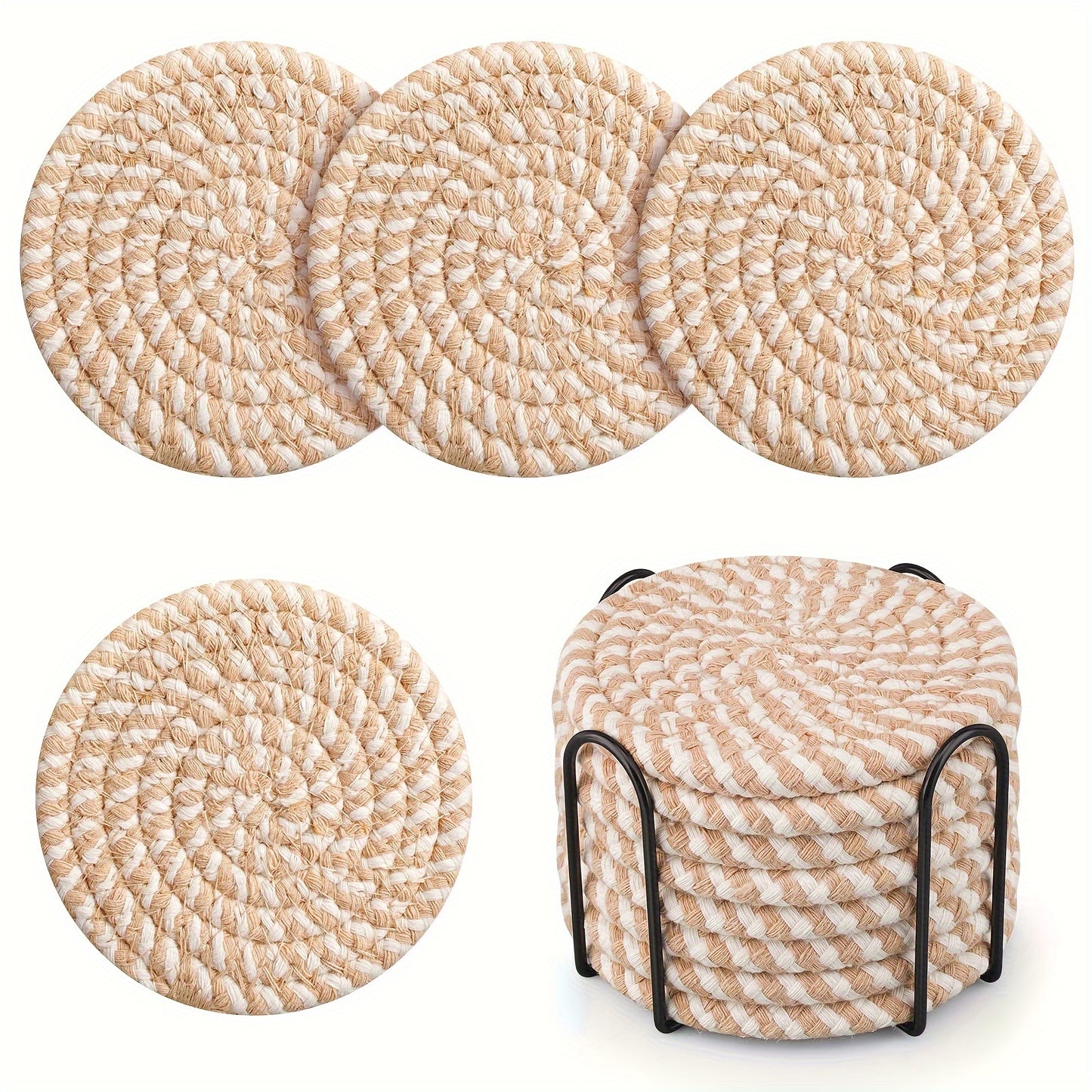 Set of 8 round cotton woven drink coasters with holder, absorbent and ideal for protecting dining tables and adding to home decor. Great housewarming gift.