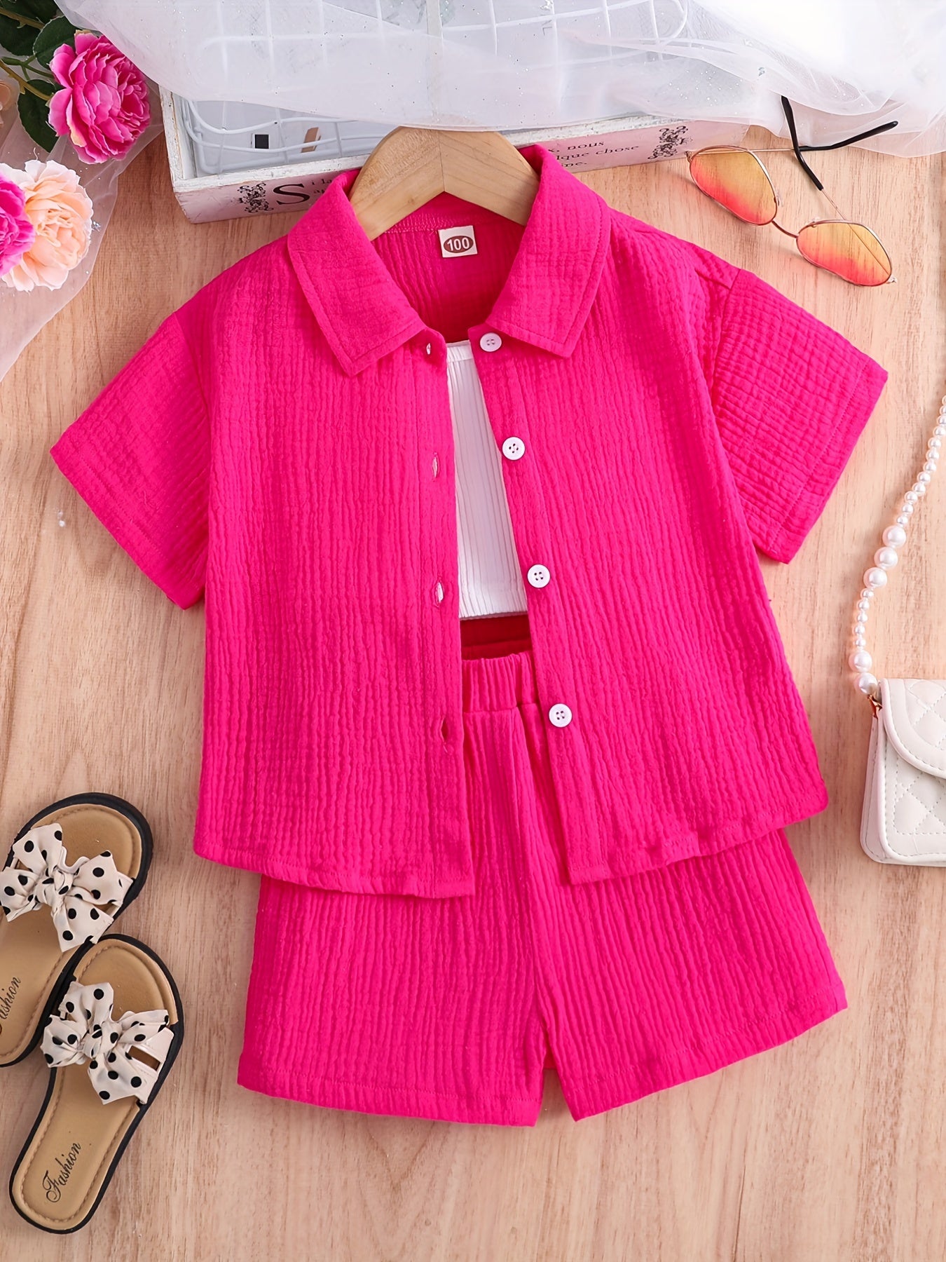 Girls' three-piece summer outfit includes short-sleeve jacket, tank top, and shorts for casual outdoor wear.