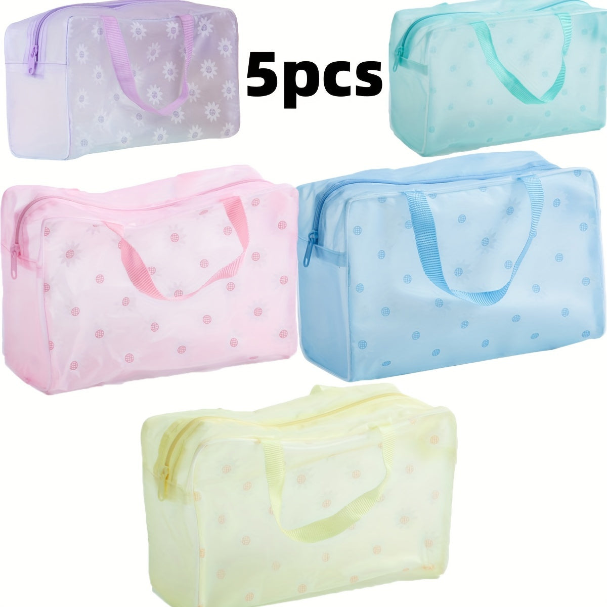 Set of 5 Colorful Printed Transparent Frosted Waterproof Zipper Storage Bags - Lightweight & Washable, Ideal for Travel Essentials for Kids